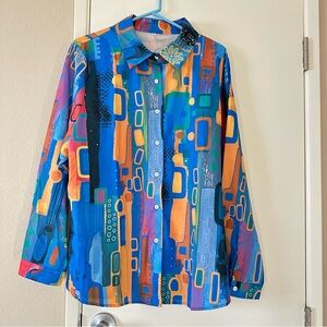 Ladies Button-Up Blouse, 2XL, Colorful Geometric Pattern NWOT